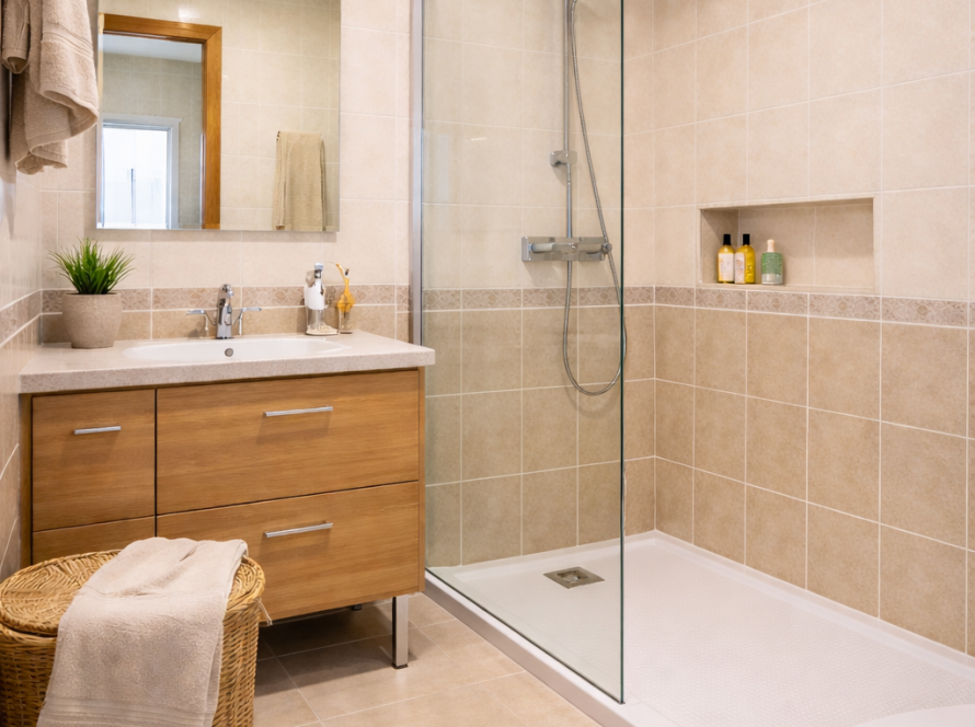 Baño reformado en Valladolid con plato de ducha antideslizante y mampara de cristal